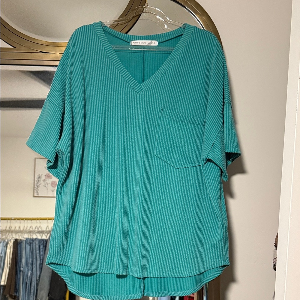Altar’d State Teal V-Neck Ribbed Women's Top